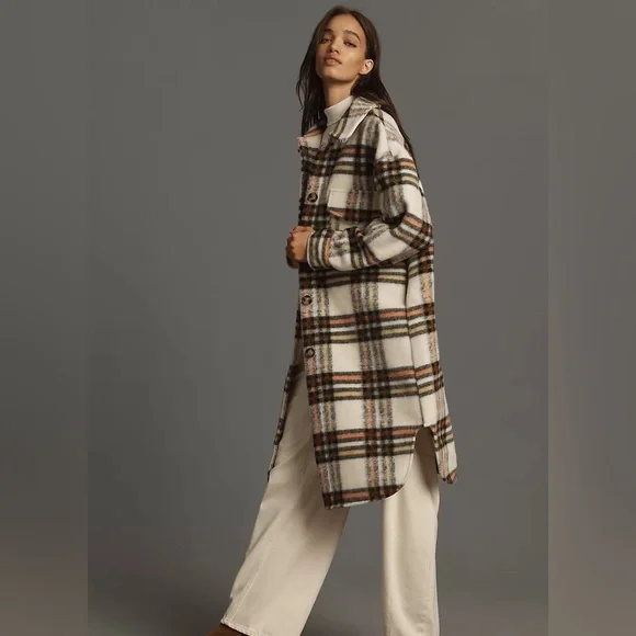 Boutique Shaket Long Patch Pocket Shirt-Jacket Ivory Brown Check Plaid LG NWOTs - Picture 2 of 10